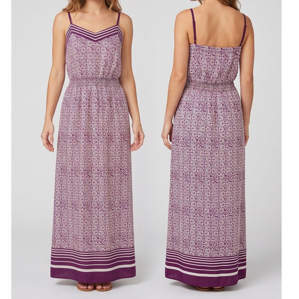 Ann Taylor LOFT Medium Purple Geometric Print Maxi Dress Spaghetti Strap Summer